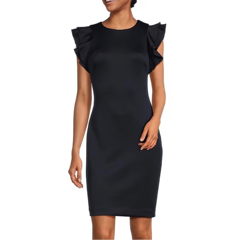 Tommy Hilfiger Scuba Crew Neck Flutter Ruffle Cap Sleeve Sheath Dress